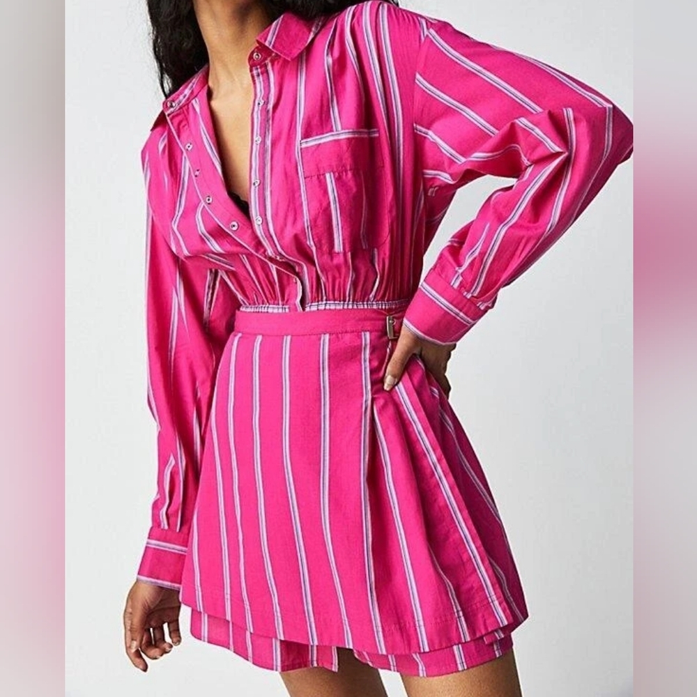 Free People High Vibrations Pink Shirt Dress